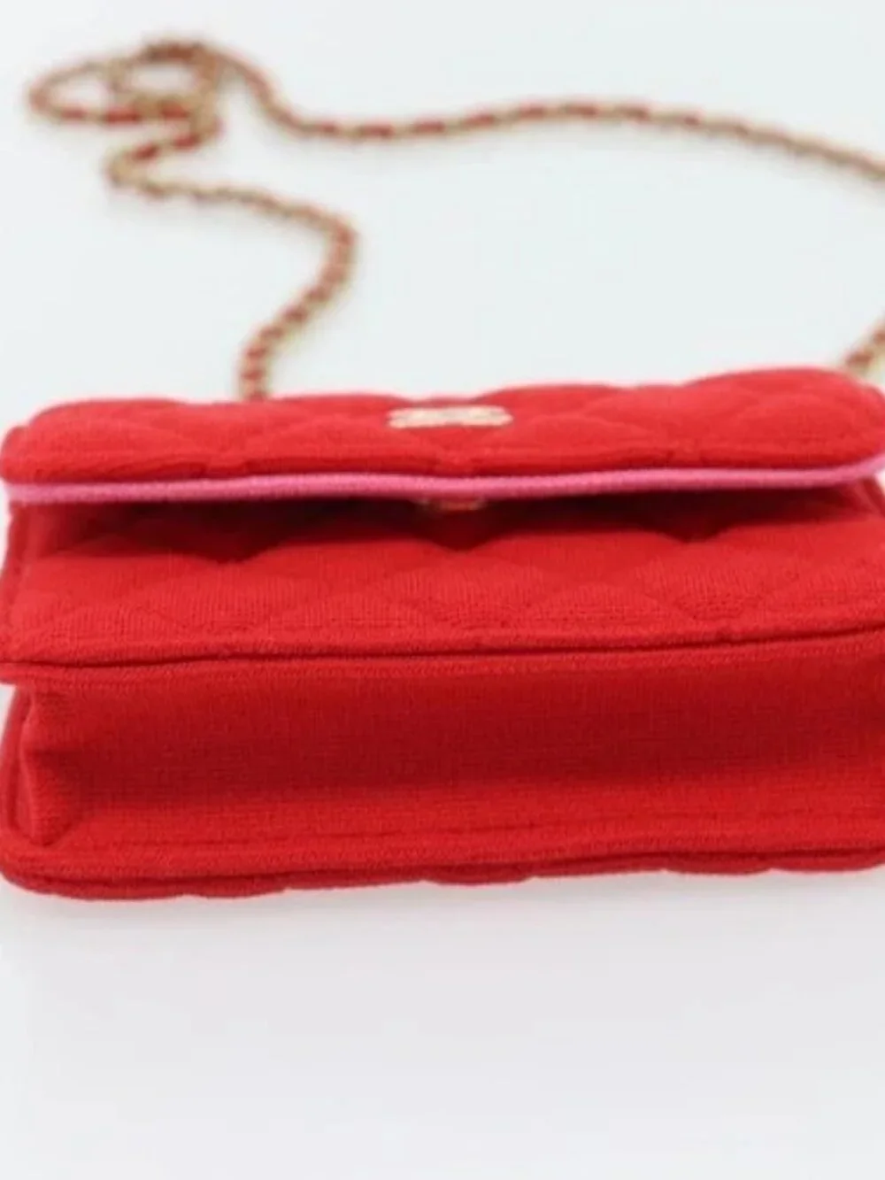 CHANEL Chain Mini Matelasse 12 Shoulder Bag Cotton Red Gold CC Auth 182786SM